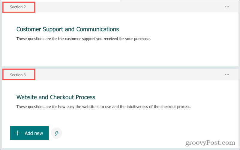 Sections ajoutées dans Microsoft Forms