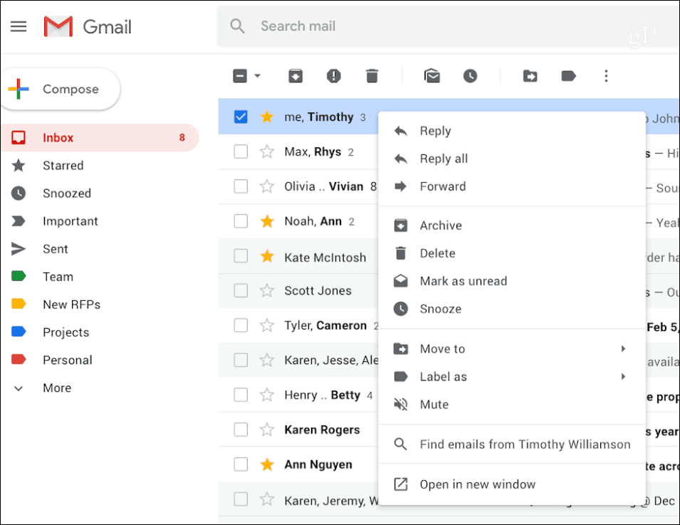 Menu contextuel du clic droit de Gmail