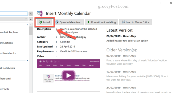 Programme d'installation de macro Onetastic dans OneNote