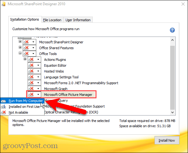 Activer Exécuter à partir du disque dur pour Microsoft Office Picture Manager dans l'installation de Sharepoint Designer