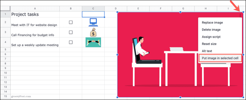 Mettre l'image dans la cellule sélectionnée dans Google Sheets