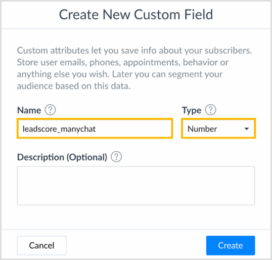 Choisissez un nom et sélectionnez un type dans la boîte de dialogue Créer un nouveau champ personnalisé dans ManyChat.
