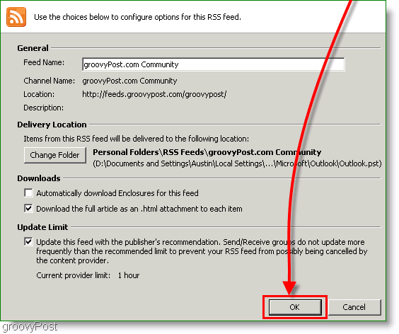 Capture d'écran Microsoft Outlook 2007 Enregistrer les modifications du flux RSS