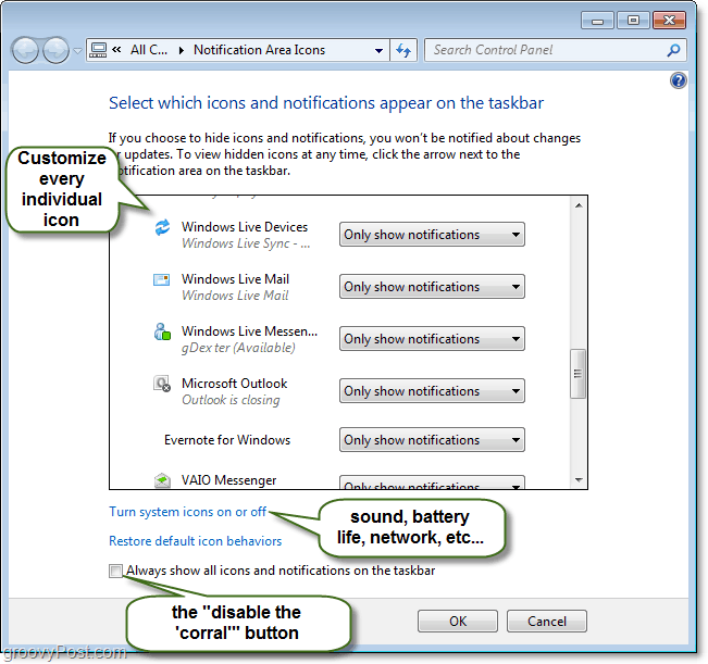 personnaliser le panneau de configuration des notifications de la barre d'état système de Windows 7