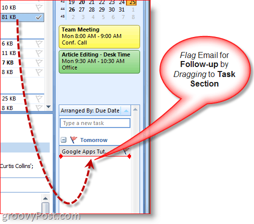 Barre de tâches Outlook 2007 - Faites glisser le courrier électronique pour créer une tâche