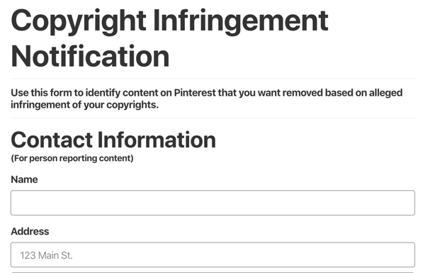 formulaire de notification de violation de copyright pinterest