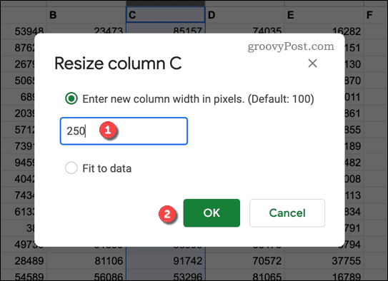 Option pour redimensionner une colonne dans Google Sheets