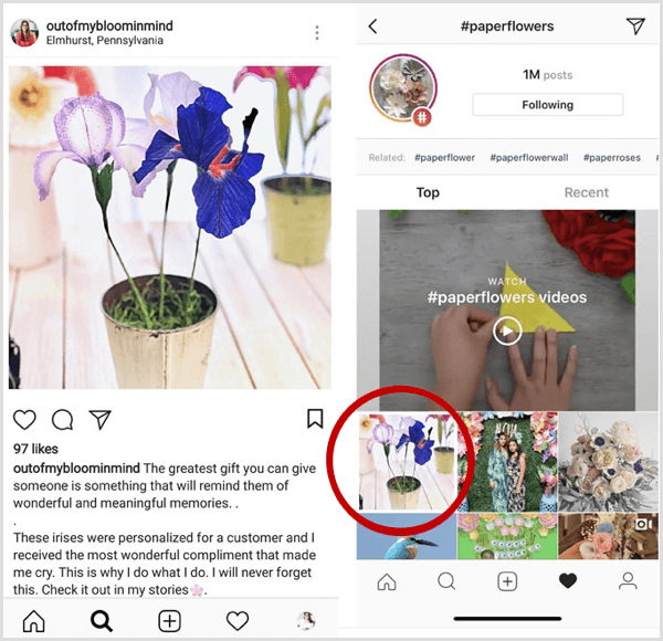exemple de publication Instagram apparaissant en premier dans les résultats de recherche pour un hashtag spécifique