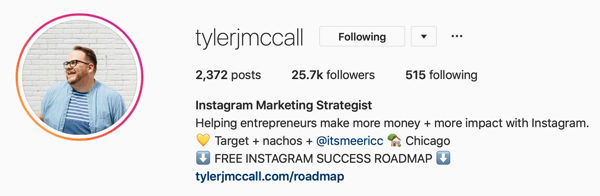 Exemple de photo de profil Instagram Business et d'informations bio par @tylerjmccall.