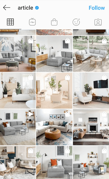 exemple de capture d'écran du flux Instagram @article montrant leurs meubles modernes avec beaucoup de lumière naturelle et un style de filtre qui incorpore du bleu