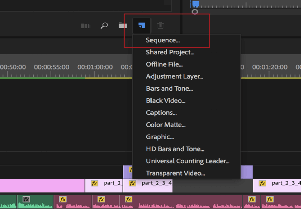 Option pour modifier une séquence dans Adobe Premier Pro.