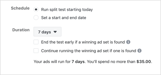 Sélectionnez l'option Exécuter le test fractionné dès aujourd'hui pour le test fractionné Facebook.
