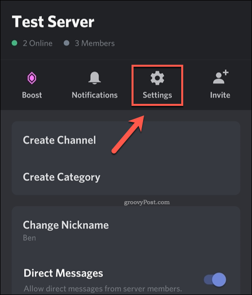 Icône des paramètres du serveur mobile Discord