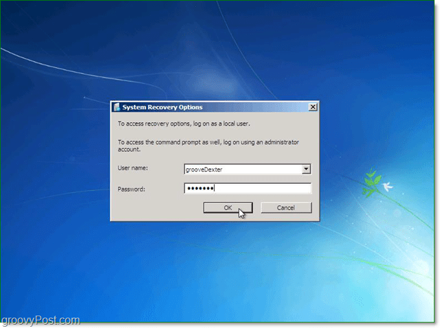 entrez votre nom d'utilisateur et votre mot de passe pour la récupération du système Windows 7