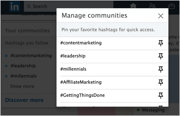 Cliquez sur l'icône Épingler à côté des hashtags LinkedIn que vous souhaitez ajouter pour épingler à votre liste.