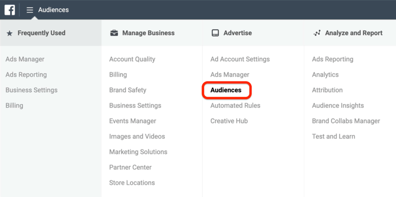 capture d'écran de l'option Audiences encerclée en rouge dans le menu Facebook Ads Manager