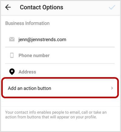 Ajouter une option de bouton d'action sur l'écran des options de contact Instagram