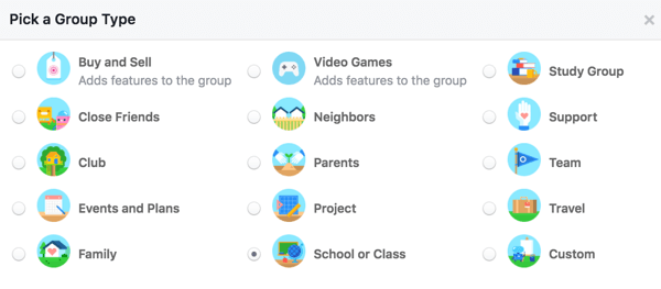 Choisissez un type de groupe pour permettre aux utilisateurs d'en savoir plus sur votre groupe.