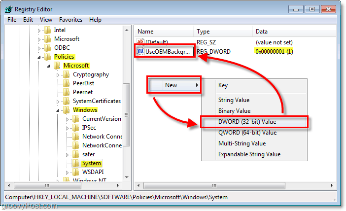 accédez à la clé de Registre Windows 7 HKEY_LOCAL_MACHINESOFTWAREPoliciesMicrosoftWindowsSystem