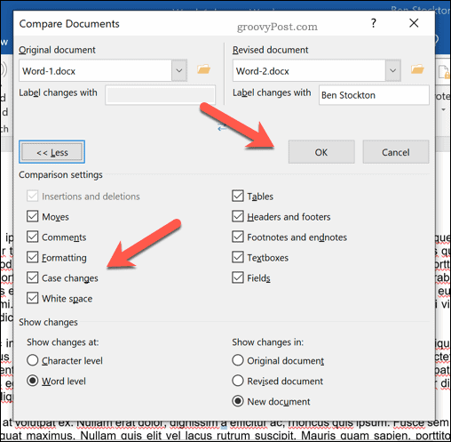 Options de comparaison de documents Word supplémentaires.