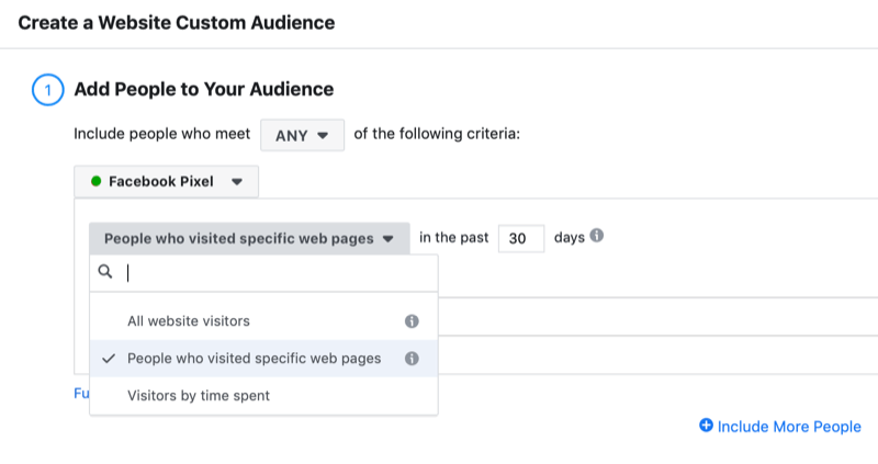 boîte de dialogue pour créer une audience personnalisée de visiteur de site Web Facebook