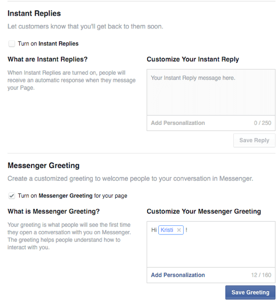 options pour les réponses instantanées et les salutations facebook