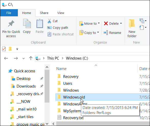 Ne supprimez pas Windows.old si vous souhaitez revenir de Windows 10 à une version précédente au cours des 30 premiers jours