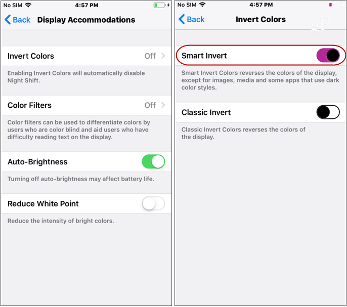 Les paramètres du mode sombre iOS inversent les couleurs