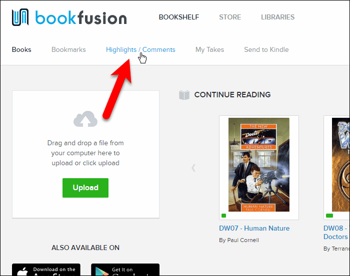 Cliquez sur Highlights / Comments dans l'interface Web de BookFusion
