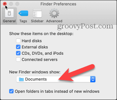 Cliquez sur la liste déroulante Afficher les fenêtres du Nouveau Finder dans les Préférences du Finder sur votre Mac