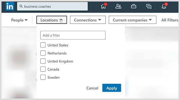 La page de résultats de recherche LinkedIn a des filtres pour les connexions de localisation et l'entreprise.