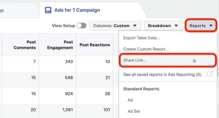 partager le rapport personnalisé des publicités Facebook