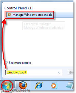 accéder au coffre-fort de Windows à partir de la recherche du menu Démarrer dans Windows 7