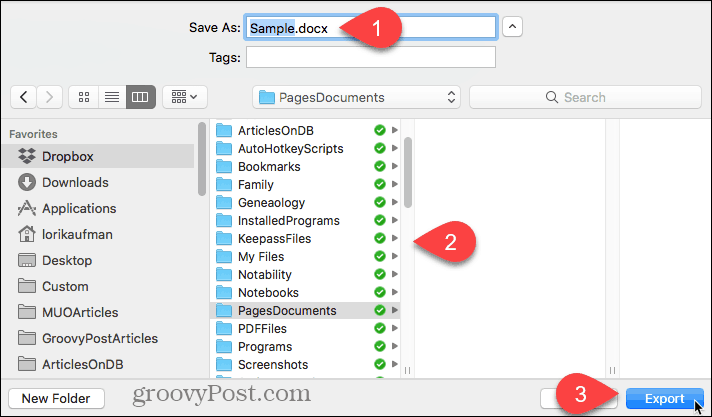 Sélectionnez l'emplacement du fichier exporté et cliquez sur Exporter dans Pages pour Mac