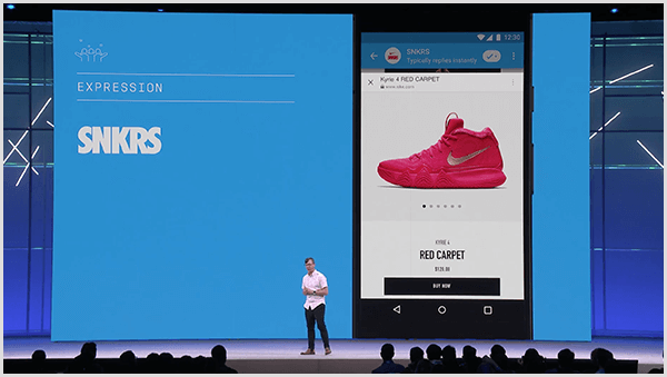 Molly Pittman dit que la conférence des développeurs Facebook F8 présente les utilisations futures des chatbots. La conférence a présenté un aperçu d'une fonction d'achat de baskets avec réalité augmentée dans Messenger.