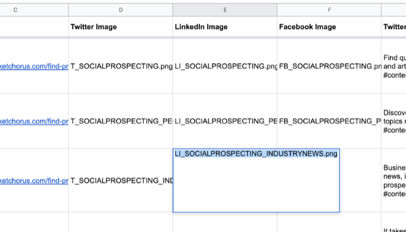 exemple de feuille google avec des données partielles remplies pour les noms d'image twitter, linkedin, facebook comme juste créés dans canva