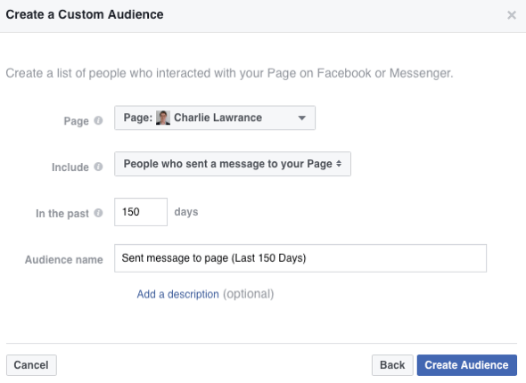 Sélectionnez l'option pour créer une audience de personnes qui ont envoyé un message sur votre page Facebook.
