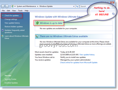 Menu de mise à jour Windows pour Windows Vista
