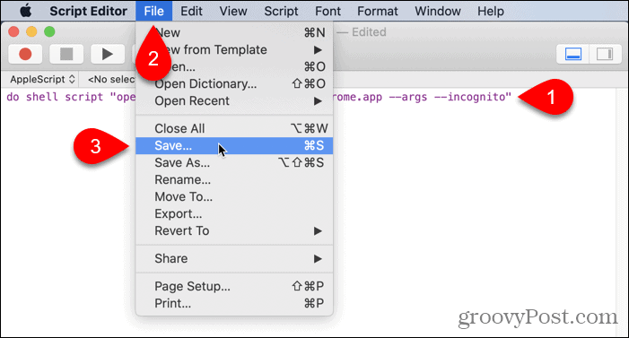 Allez dans Fichier> Enregistrer dans l'éditeur de script sur Mac