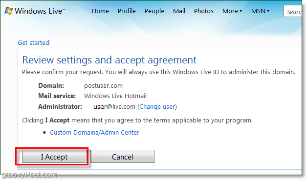examiner et accepter l'accord sur les conditions de messagerie du domaine Windows Live