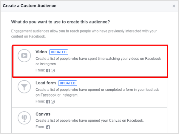 Sélectionnez l'option Engagement vidéo pour votre audience personnalisée Facebook.