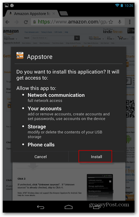 Démarrer l'installation d'Amazon App Store