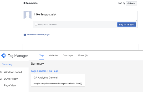 Utilisez Google Tag Manager avec Facebook, étape 23, aperçu du commentaire avec sélection de résumé pour la balise Facebook déclenchée