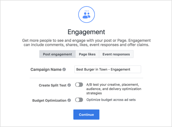 Saisissez un nom pour une campagne d'engagement Facebook.