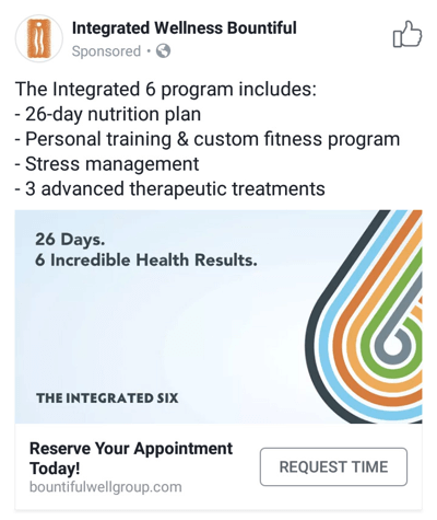 Techniques publicitaires Facebook qui donnent des résultats, exemple par Integrated Wellness Bountiful offrant des heures de rendez-vous