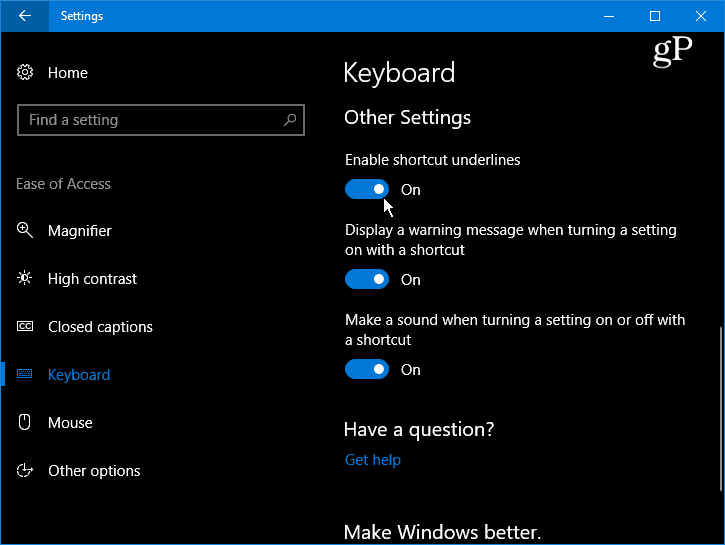 Rendre les touches de raccourci du menu Souligner et mettre en surbrillance Windows 10
