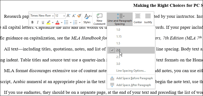 espacement utiliser le format mla dans Microsoft Word