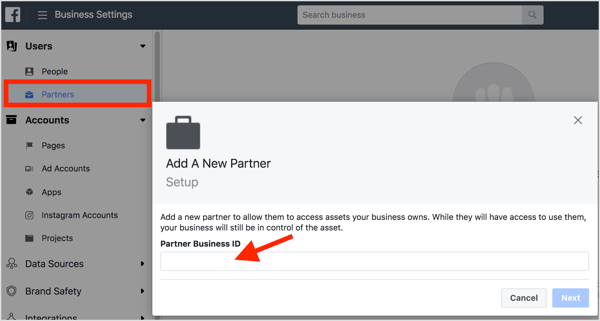 Pour partager l'accès au compte, ajoutez le Business Manager de votre agence en tant que partenaire au Business Manager du client. 