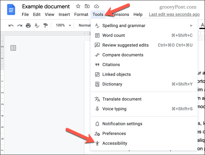 Ouvrez le menu d'accessibilité de Google Docs