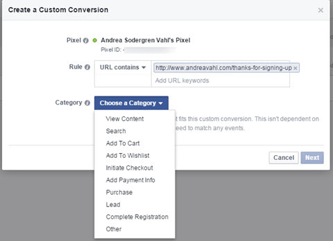catégorie de conversions personnalisées facebook